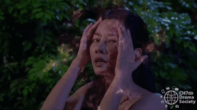 a woman with blood on her face and the words ch7 drama society on the bottom right