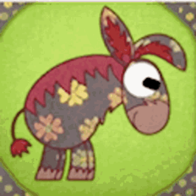a cartoon drawing of a donkey with flowers on its back