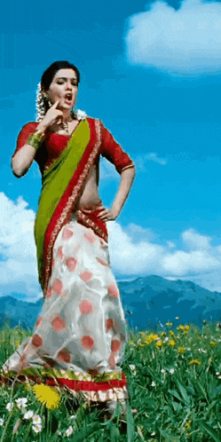 a woman in a saree is standing in a field of grass .