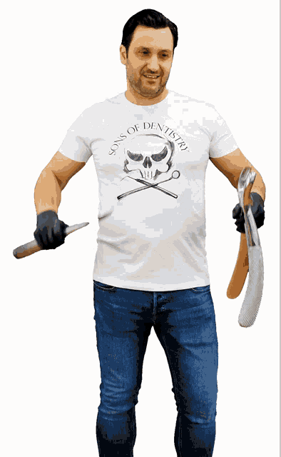 a man in a white shirt with a skull on it