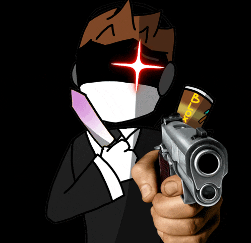 a cartoon of a man holding a gun and a card that says ' a ' on it