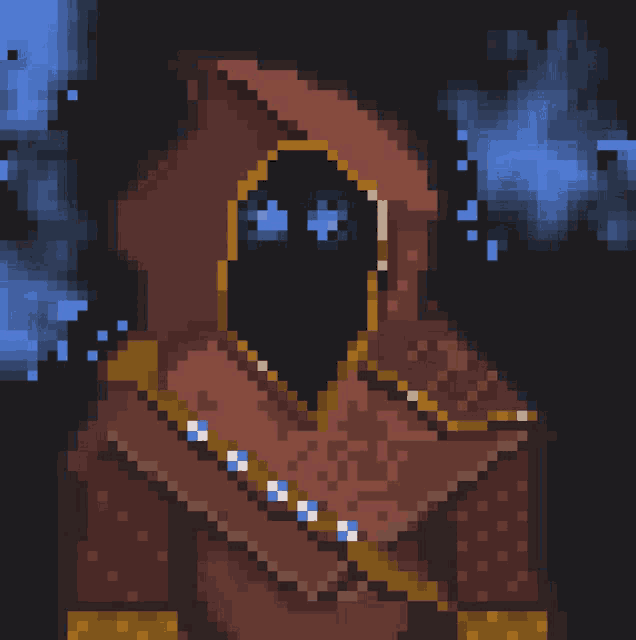 a pixel art of a person wearing a hood