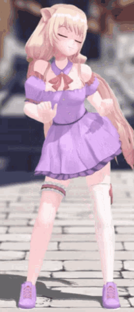 a girl in a purple dress is dancing on a brick walkway