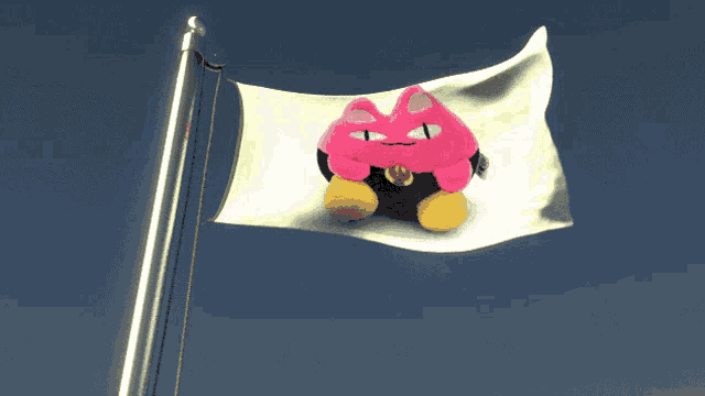 a pink and yellow stuffed animal is flying on a white flag