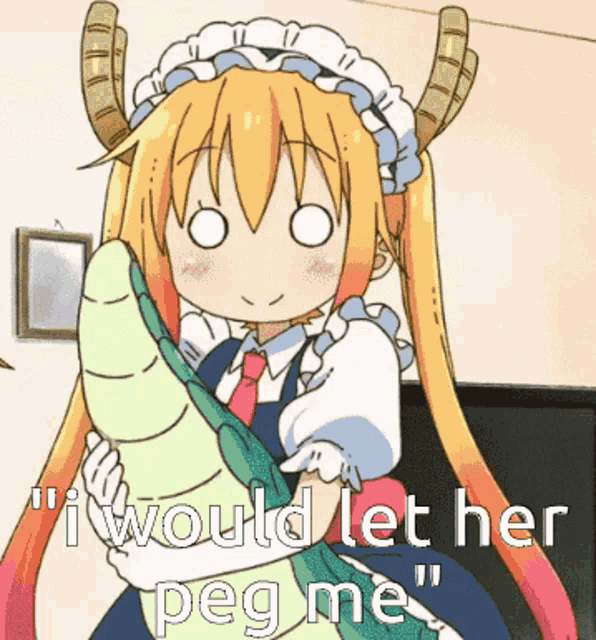 a cartoon girl with horns is holding a leaf and says i would let her peg me
