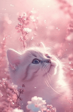a white cat is sitting in a field of pink flowers and looking up .