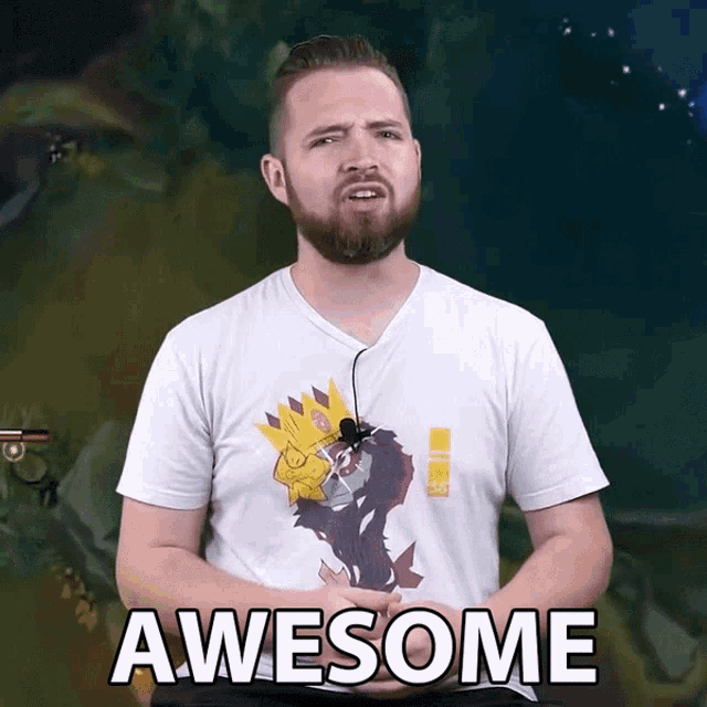 a man with a beard wearing a white shirt that says awesome on it