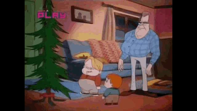 a group of cartoon characters are standing around a christmas tree .