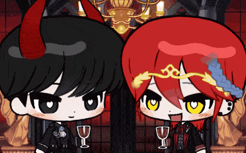 a couple of anime characters standing next to each other holding wine glasses