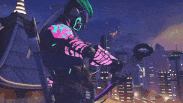 a video game character is holding a sword in front of a city at night
