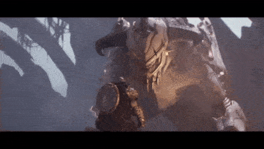 a man with a shield standing in front of a monster