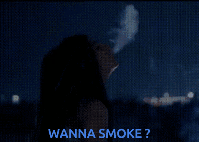 a woman is smoking a cigarette with the words wanna smoke written below her