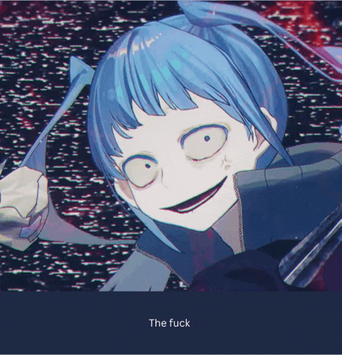a picture of a girl with blue hair and the words the fuck