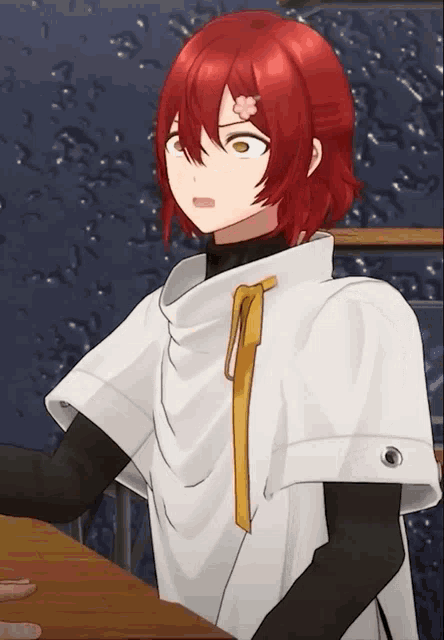 a girl with red hair is wearing a white cape