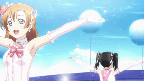 two anime girls with their arms outstretched in front of balloons in the sky