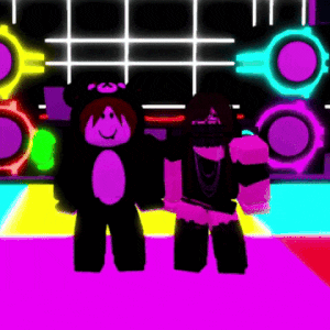 a couple of cartoon characters standing next to each other on a dance floor