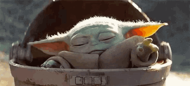 a baby yoda is sleeping in a stroller .