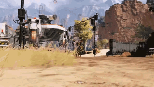 a video game scene with mountains in the background and a helicopter flying overhead