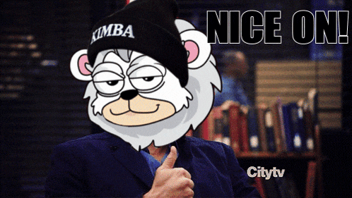 a cartoon bear wearing a beanie that says kimba on it