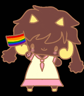 a cartoon character is holding a rainbow flag in her hand