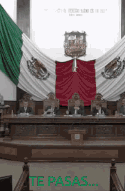 a group of people sitting in front of a large mexican flag with the words te pasas on the bottom