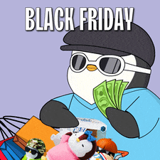 a penguin with sunglasses and a hat is holding a dollar bill and shopping bags