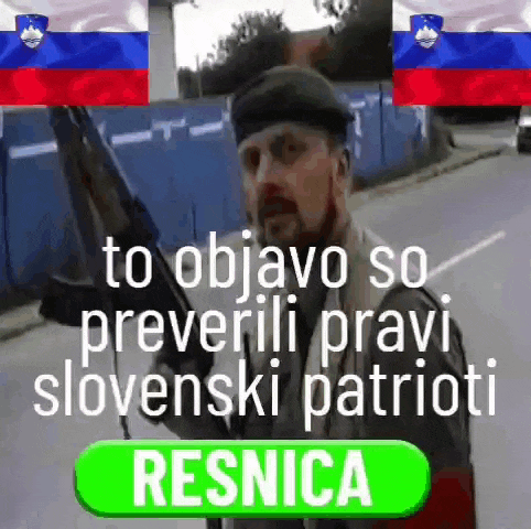 a man is holding a gun in front of a green button that says ' resnica '