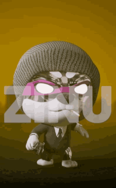 a cartoon character wearing a beanie and smoking a cigarette is standing in front of the word ziu