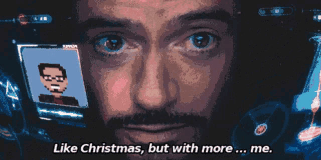 a pixelated image of a man with the words like christmas but with more me below him