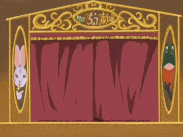 a cartoon drawing of a puppet theater with a rabbit and frog