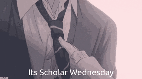 a man is adjusting his tie with the words `` its scholar wednesday '' below him .