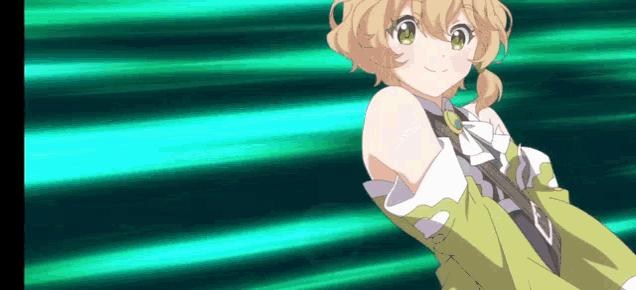 a girl with blonde hair and green eyes is wearing a green jacket