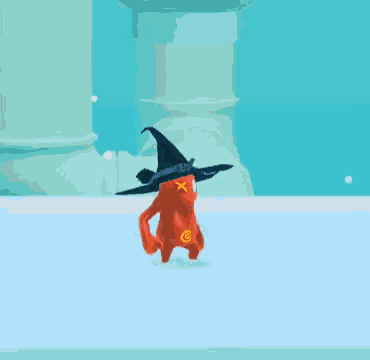 a cartoon character with an x on his face is standing in front of a blue pillar