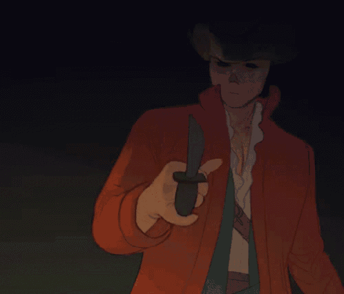 a man in a red coat is holding a knife in his hand .