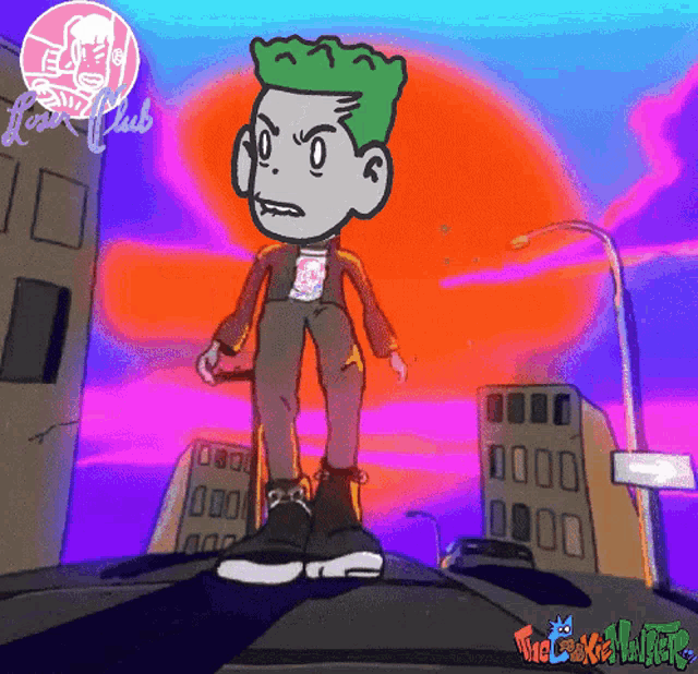 a cartoon drawing of a man with green hair standing on a city street with buildings in the background