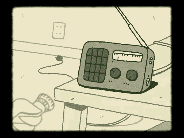 a cartoon drawing of a radio on a table with the number 1 on the bottom