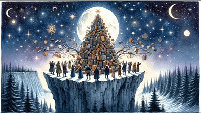 a group of people standing on a cliff in front of a christmas tree made of books