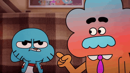 two cartoon characters are standing next to each other and one has a purple tie on