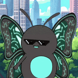 a cartoon butterfly wearing sunglasses is standing in front of a city skyline
