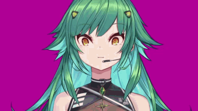 a girl with green hair is wearing a headset