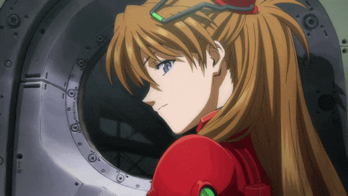 a woman in a red suit is looking out of a hole in the wall