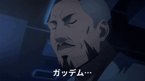 a close up of a man 's face with a foreign language behind him