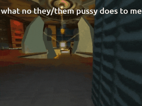 a video game scene with the words what no they them pussy does to me