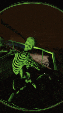 a skeleton is driving a car in a green light