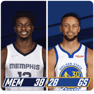 two basketball players one from memphis and one from golden state standing next to each other