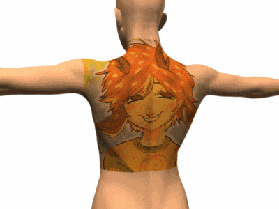 a man has a tattoo on his back of a smiling girl