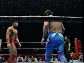 two wrestlers are fighting in a ring with a crowd watching