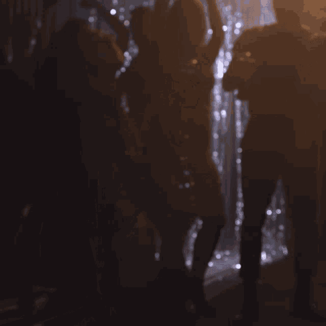 a group of people are dancing in a dark room with a tinsel curtain behind them