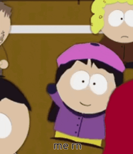 a group of south park characters are standing next to each other . one of the characters is wearing a pink helmet .