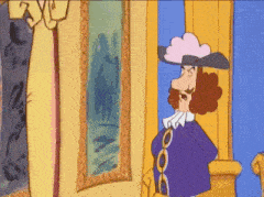 a cartoon character is standing in front of a painting .